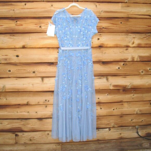 MAC DUGGAL 14521 Blue Floral Embellished Short Sleeve Mesh Gown Dress - Picture 11 of 14